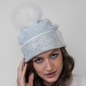 Adrienne Landau White Beanie Hat Silver Crystals Faux Fur Pom Pom OS  NWT